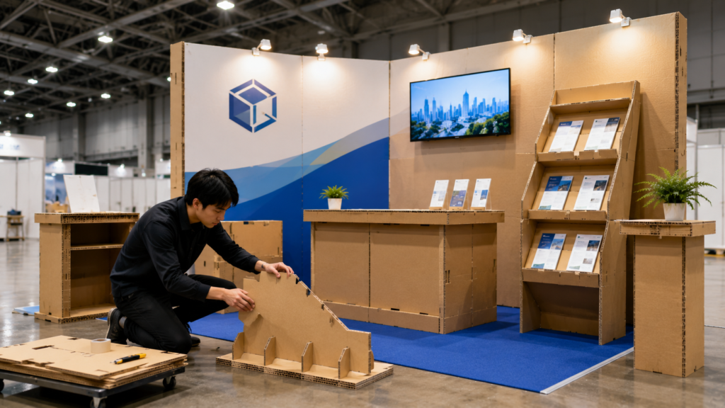 展示会場で1人のスタッフがダンボール什器を組み立てている様子。軽量で工具不要の展示ブースを設営しているイメージ。
